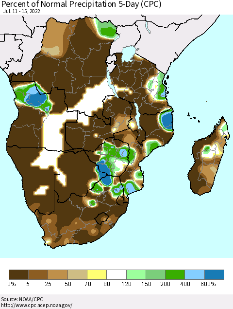 Southern Africa Percent of Normal Precipitation 5-Day (CPC) Thematic Map For 7/11/2022 - 7/15/2022