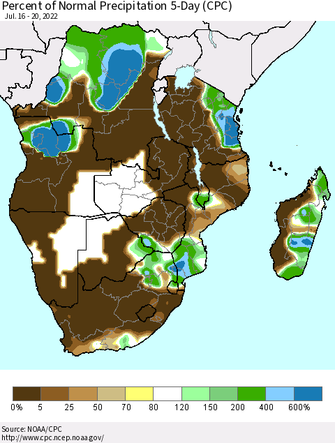 Southern Africa Percent of Normal Precipitation 5-Day (CPC) Thematic Map For 7/16/2022 - 7/20/2022