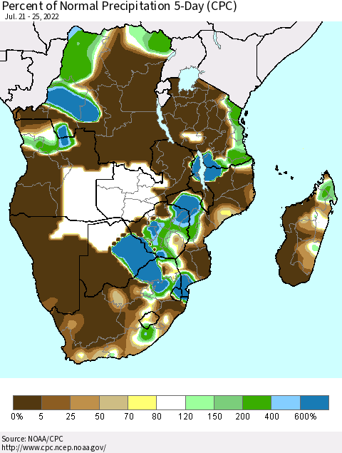 Southern Africa Percent of Normal Precipitation 5-Day (CPC) Thematic Map For 7/21/2022 - 7/25/2022