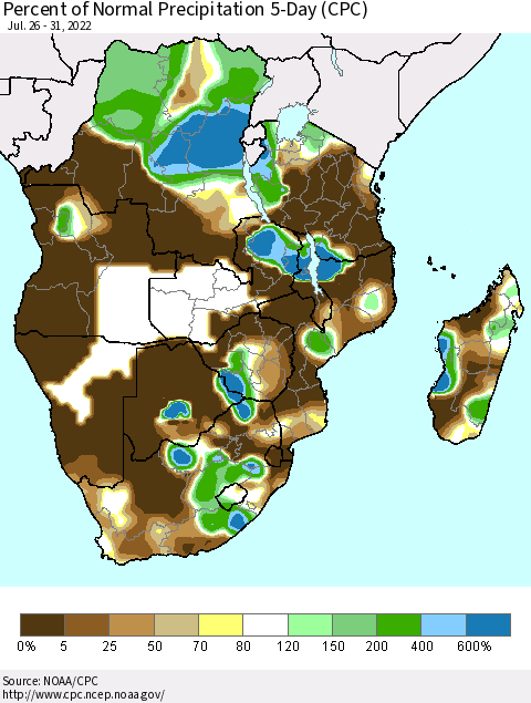 Southern Africa Percent of Normal Precipitation 5-Day (CPC) Thematic Map For 7/26/2022 - 7/31/2022