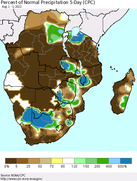 Southern Africa Percent of Normal Precipitation 5-Day (CPC) Thematic Map For 8/1/2022 - 8/5/2022