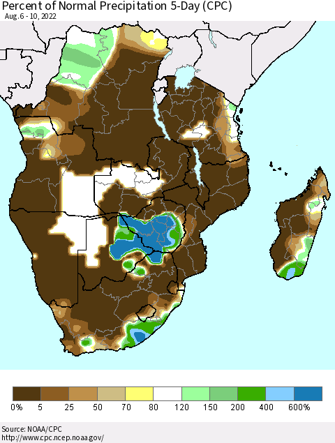 Southern Africa Percent of Normal Precipitation 5-Day (CPC) Thematic Map For 8/6/2022 - 8/10/2022