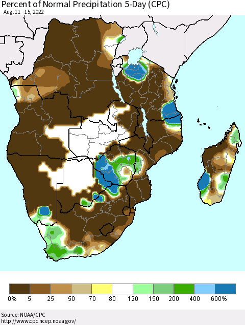 Southern Africa Percent of Normal Precipitation 5-Day (CPC) Thematic Map For 8/11/2022 - 8/15/2022