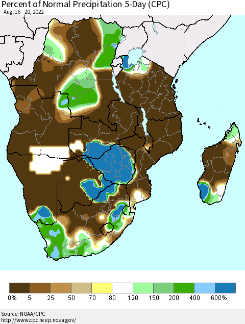 Southern Africa Percent of Normal Precipitation 5-Day (CPC) Thematic Map For 8/16/2022 - 8/20/2022