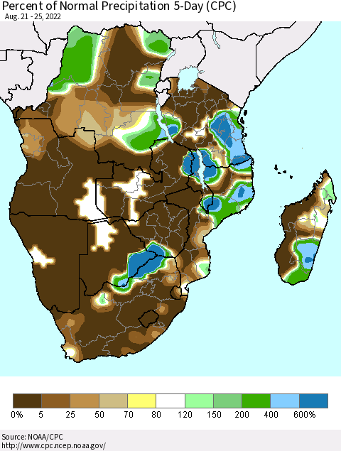 Southern Africa Percent of Normal Precipitation 5-Day (CPC) Thematic Map For 8/21/2022 - 8/25/2022