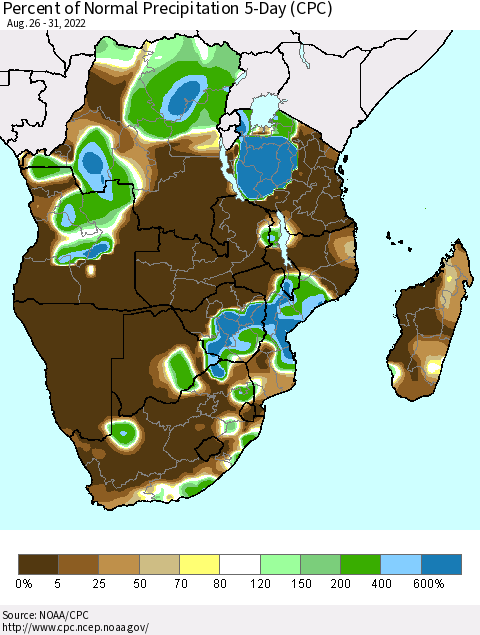 Southern Africa Percent of Normal Precipitation 5-Day (CPC) Thematic Map For 8/26/2022 - 8/31/2022