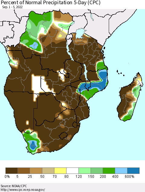 Southern Africa Percent of Normal Precipitation 5-Day (CPC) Thematic Map For 9/1/2022 - 9/5/2022