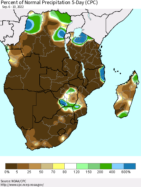 Southern Africa Percent of Normal Precipitation 5-Day (CPC) Thematic Map For 9/6/2022 - 9/10/2022