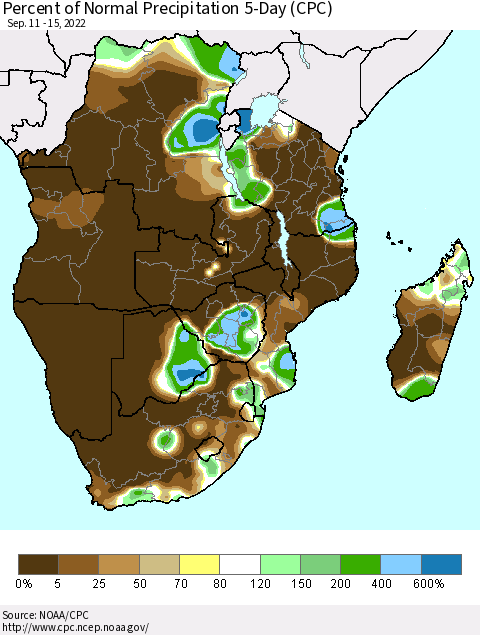 Southern Africa Percent of Normal Precipitation 5-Day (CPC) Thematic Map For 9/11/2022 - 9/15/2022