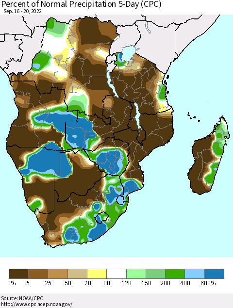 Southern Africa Percent of Normal Precipitation 5-Day (CPC) Thematic Map For 9/16/2022 - 9/20/2022