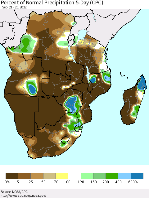 Southern Africa Percent of Normal Precipitation 5-Day (CPC) Thematic Map For 9/21/2022 - 9/25/2022
