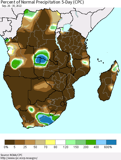 Southern Africa Percent of Normal Precipitation 5-Day (CPC) Thematic Map For 9/26/2022 - 9/30/2022