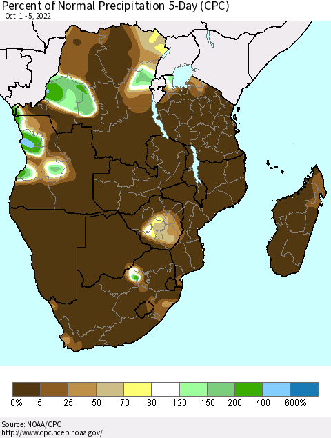 Southern Africa Percent of Normal Precipitation 5-Day (CPC) Thematic Map For 10/1/2022 - 10/5/2022