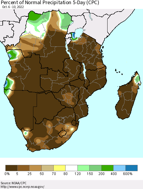 Southern Africa Percent of Normal Precipitation 5-Day (CPC) Thematic Map For 10/6/2022 - 10/10/2022