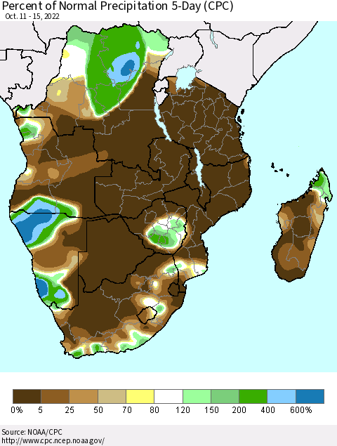 Southern Africa Percent of Normal Precipitation 5-Day (CPC) Thematic Map For 10/11/2022 - 10/15/2022
