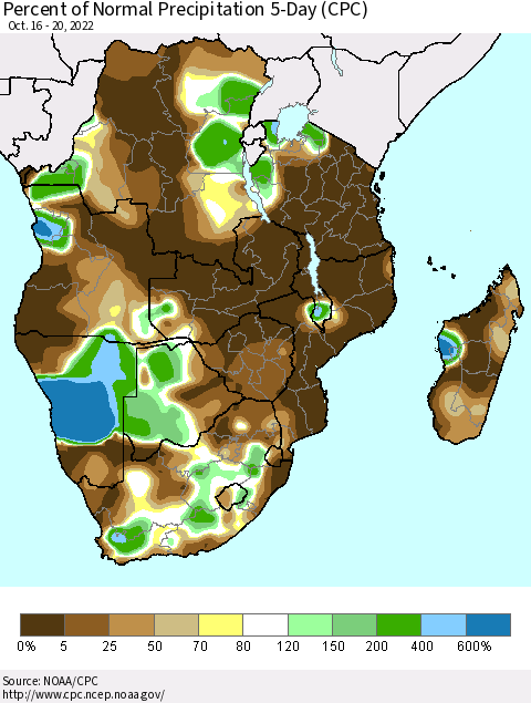 Southern Africa Percent of Normal Precipitation 5-Day (CPC) Thematic Map For 10/16/2022 - 10/20/2022