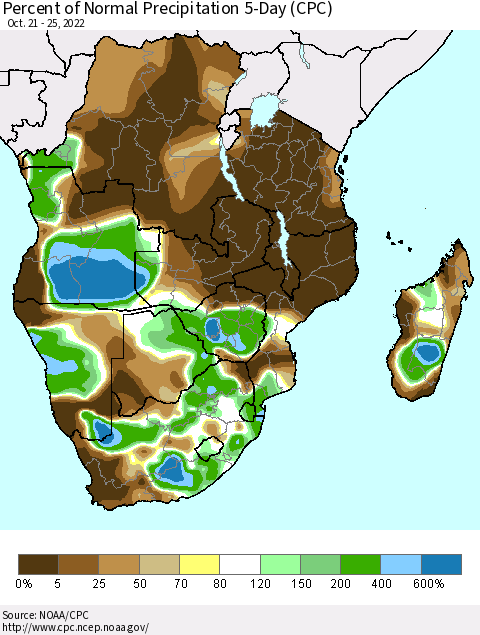 Southern Africa Percent of Normal Precipitation 5-Day (CPC) Thematic Map For 10/21/2022 - 10/25/2022