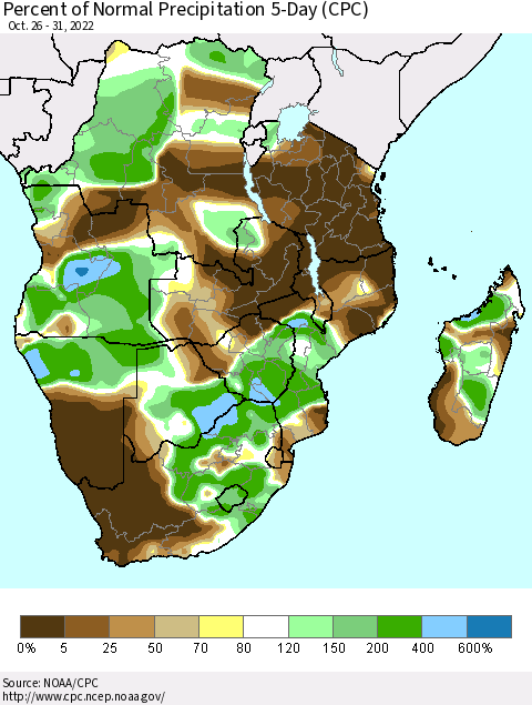 Southern Africa Percent of Normal Precipitation 5-Day (CPC) Thematic Map For 10/26/2022 - 10/31/2022