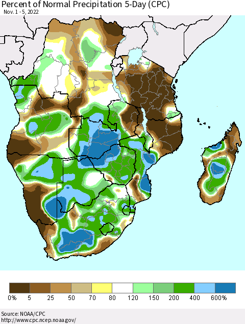Southern Africa Percent of Normal Precipitation 5-Day (CPC) Thematic Map For 11/1/2022 - 11/5/2022