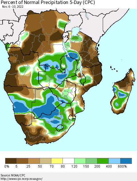 Southern Africa Percent of Normal Precipitation 5-Day (CPC) Thematic Map For 11/6/2022 - 11/10/2022