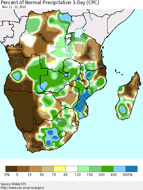 Southern Africa Percent of Normal Precipitation 5-Day (CPC) Thematic Map For 11/11/2022 - 11/15/2022