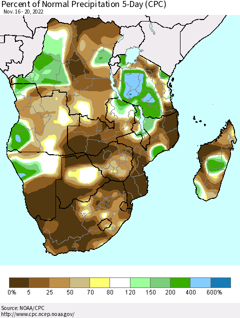 Southern Africa Percent of Normal Precipitation 5-Day (CPC) Thematic Map For 11/16/2022 - 11/20/2022