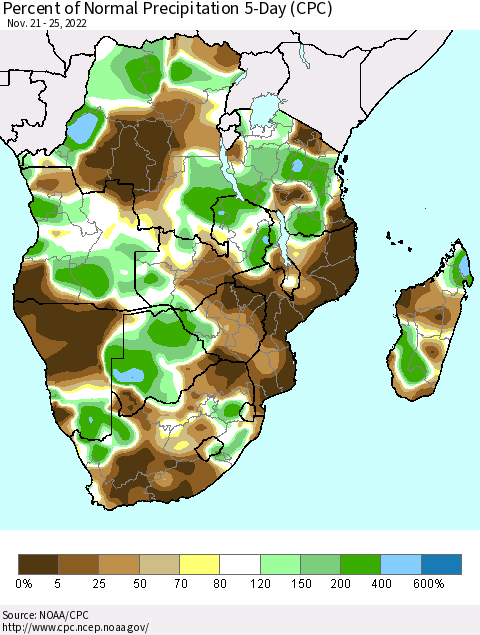 Southern Africa Percent of Normal Precipitation 5-Day (CPC) Thematic Map For 11/21/2022 - 11/25/2022