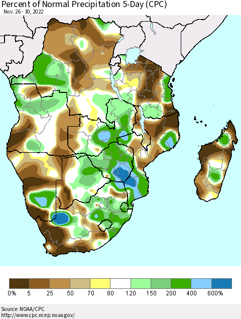 Southern Africa Percent of Normal Precipitation 5-Day (CPC) Thematic Map For 11/26/2022 - 11/30/2022