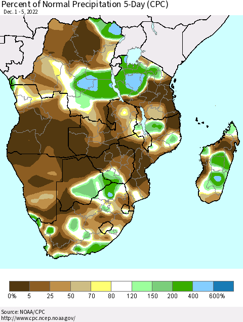 Southern Africa Percent of Normal Precipitation 5-Day (CPC) Thematic Map For 12/1/2022 - 12/5/2022