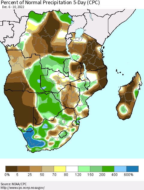 Southern Africa Percent of Normal Precipitation 5-Day (CPC) Thematic Map For 12/6/2022 - 12/10/2022