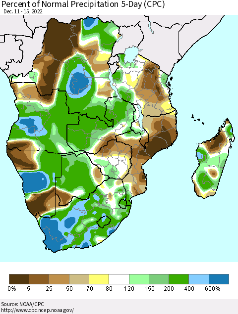 Southern Africa Percent of Normal Precipitation 5-Day (CPC) Thematic Map For 12/11/2022 - 12/15/2022