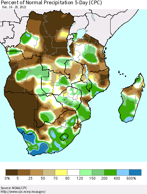 Southern Africa Percent of Normal Precipitation 5-Day (CPC) Thematic Map For 12/16/2022 - 12/20/2022