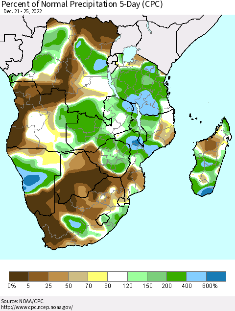 Southern Africa Percent of Normal Precipitation 5-Day (CPC) Thematic Map For 12/21/2022 - 12/25/2022