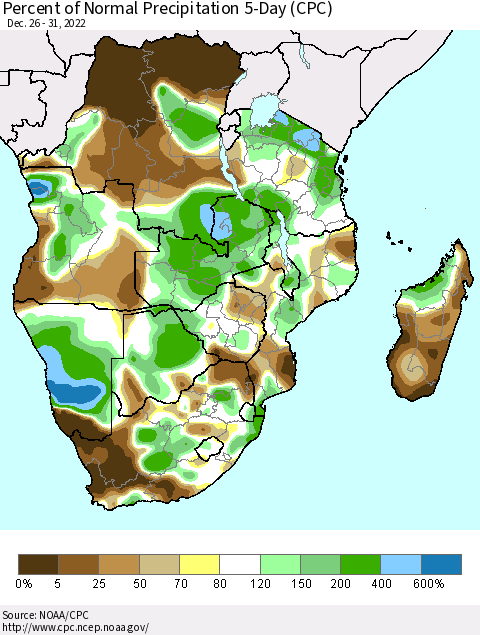 Southern Africa Percent of Normal Precipitation 5-Day (CPC) Thematic Map For 12/26/2022 - 12/31/2022