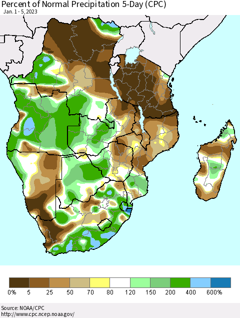 Southern Africa Percent of Normal Precipitation 5-Day (CPC) Thematic Map For 1/1/2023 - 1/5/2023