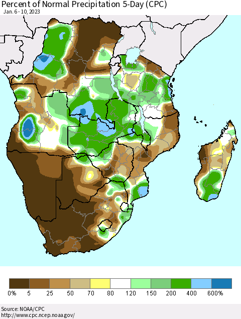Southern Africa Percent of Normal Precipitation 5-Day (CPC) Thematic Map For 1/6/2023 - 1/10/2023