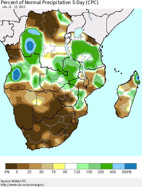 Southern Africa Percent of Normal Precipitation 5-Day (CPC) Thematic Map For 1/11/2023 - 1/15/2023