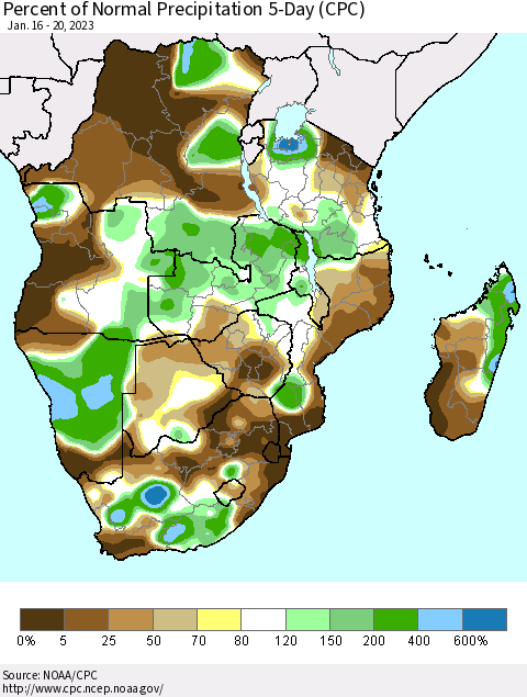 Southern Africa Percent of Normal Precipitation 5-Day (CPC) Thematic Map For 1/16/2023 - 1/20/2023