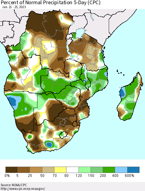 Southern Africa Percent of Normal Precipitation 5-Day (CPC) Thematic Map For 1/21/2023 - 1/25/2023