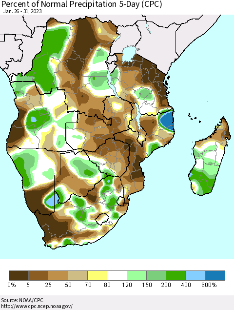 Southern Africa Percent of Normal Precipitation 5-Day (CPC) Thematic Map For 1/26/2023 - 1/31/2023