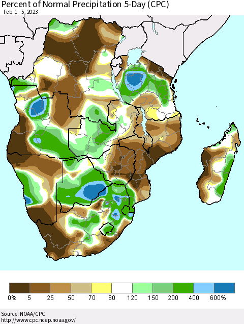 Southern Africa Percent of Normal Precipitation 5-Day (CPC) Thematic Map For 2/1/2023 - 2/5/2023