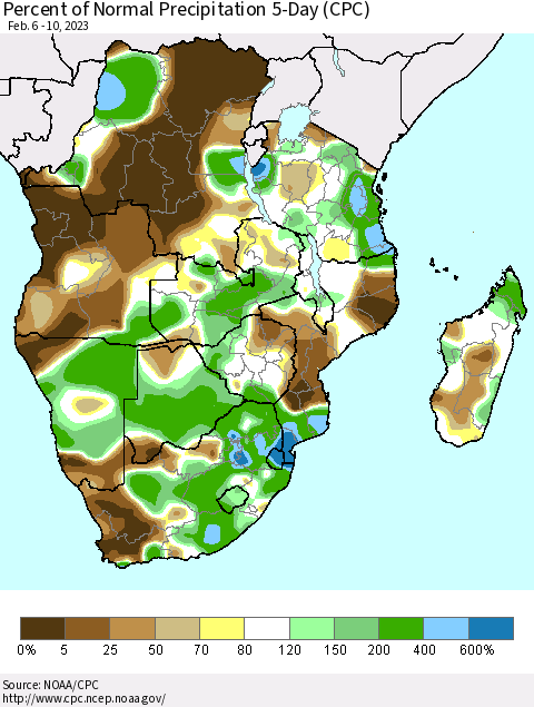 Southern Africa Percent of Normal Precipitation 5-Day (CPC) Thematic Map For 2/6/2023 - 2/10/2023