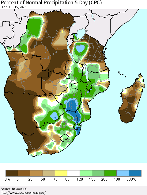 Southern Africa Percent of Normal Precipitation 5-Day (CPC) Thematic Map For 2/11/2023 - 2/15/2023