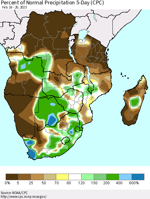 Southern Africa Percent of Normal Precipitation 5-Day (CPC) Thematic Map For 2/16/2023 - 2/20/2023