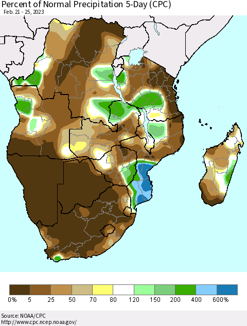 Southern Africa Percent of Normal Precipitation 5-Day (CPC) Thematic Map For 2/21/2023 - 2/25/2023