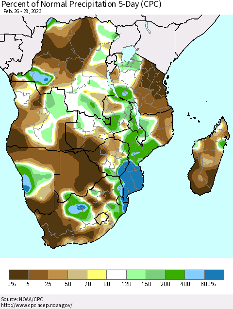 Southern Africa Percent of Normal Precipitation 5-Day (CPC) Thematic Map For 2/26/2023 - 2/28/2023
