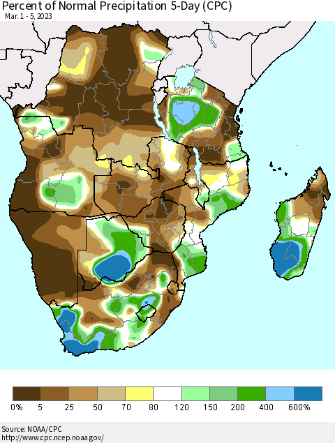 Southern Africa Percent of Normal Precipitation 5-Day (CPC) Thematic Map For 3/1/2023 - 3/5/2023