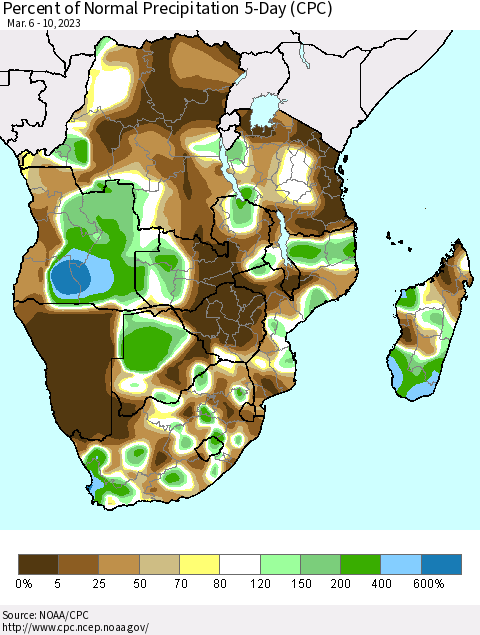 Southern Africa Percent of Normal Precipitation 5-Day (CPC) Thematic Map For 3/6/2023 - 3/10/2023