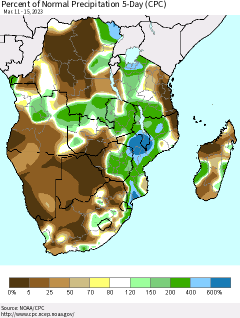 Southern Africa Percent of Normal Precipitation 5-Day (CPC) Thematic Map For 3/11/2023 - 3/15/2023