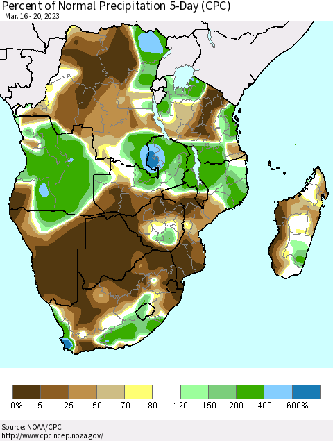 Southern Africa Percent of Normal Precipitation 5-Day (CPC) Thematic Map For 3/16/2023 - 3/20/2023